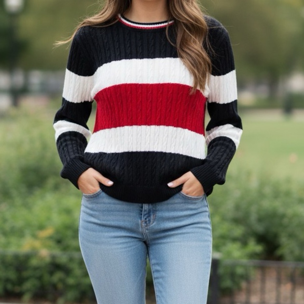 Tommy Hilfiger Women's Sweater - Black, White, Red 90s retro style